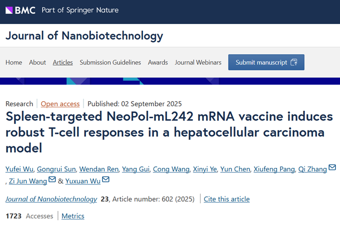  Spleen-targeted NeoPol-mL242 mRNA vaccine induces robust T-cell responses in a hepatocellular carcinoma model  Journal: Journal of Nanobiotechnology